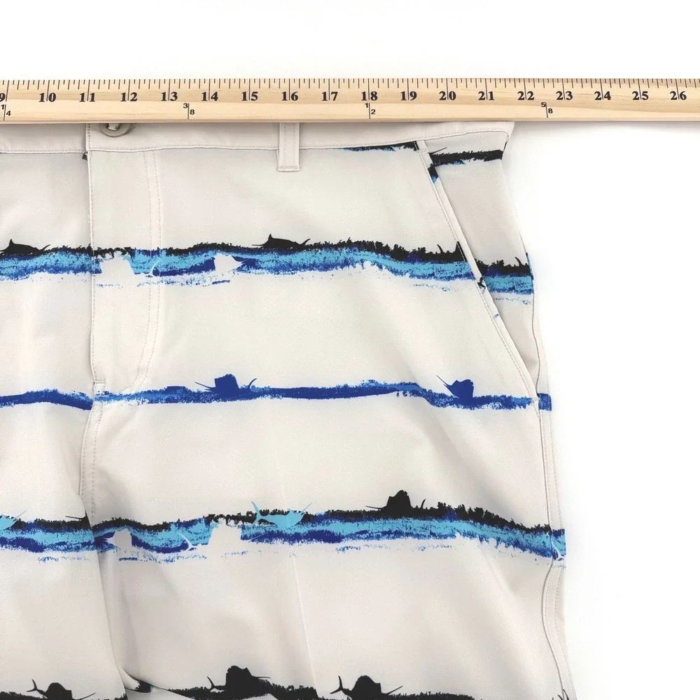 Scales White with Black/Blue Marlin Stripe Performance Fishing Shorts Mens40